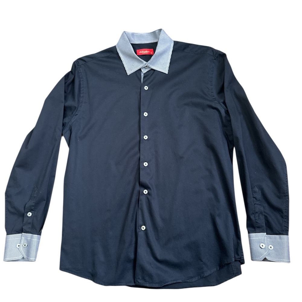 Salvatore Milano Black Button Up with Patterned Collar Men's Dress Shirt - Large